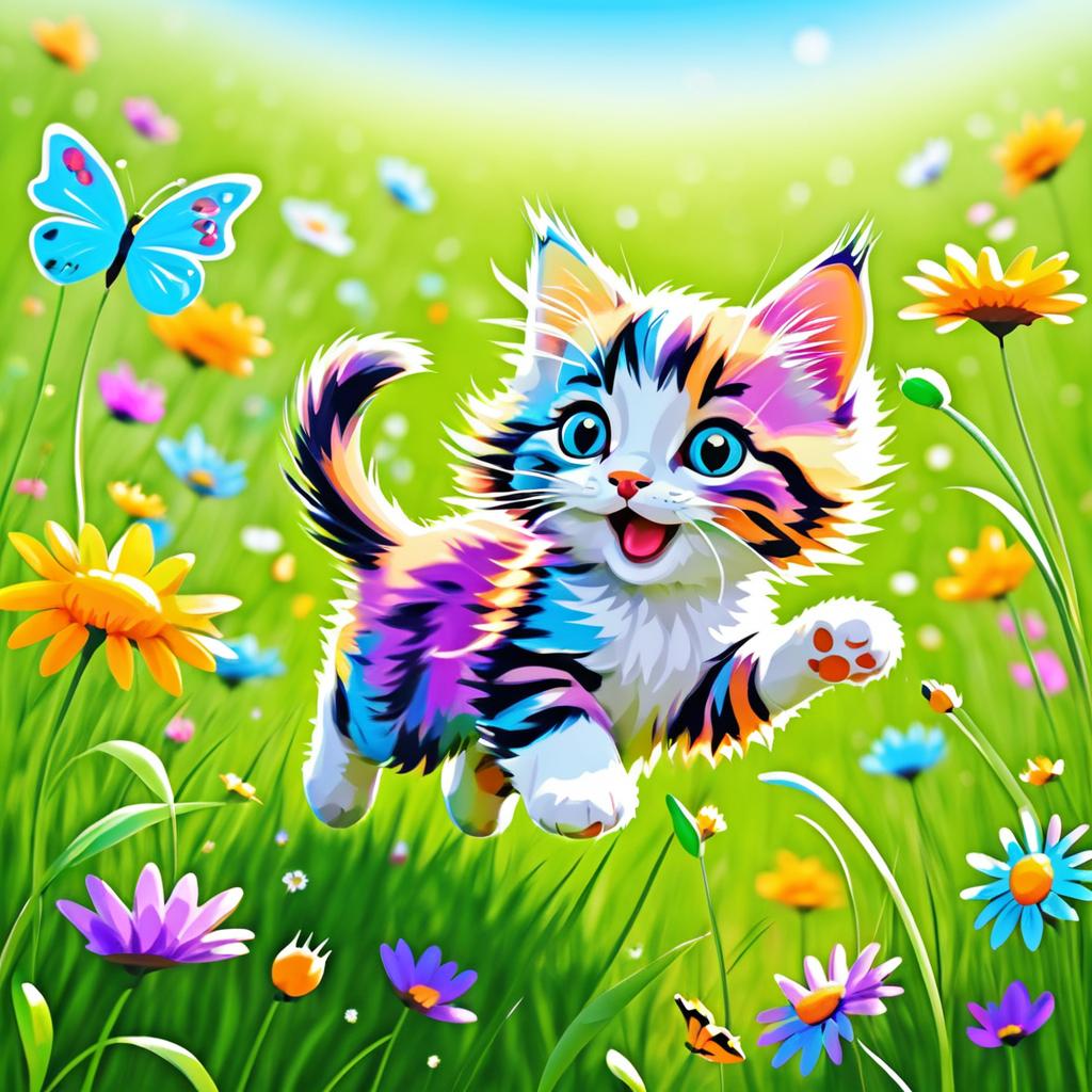 Playful Kitten Chasing Butterflies in Meadow