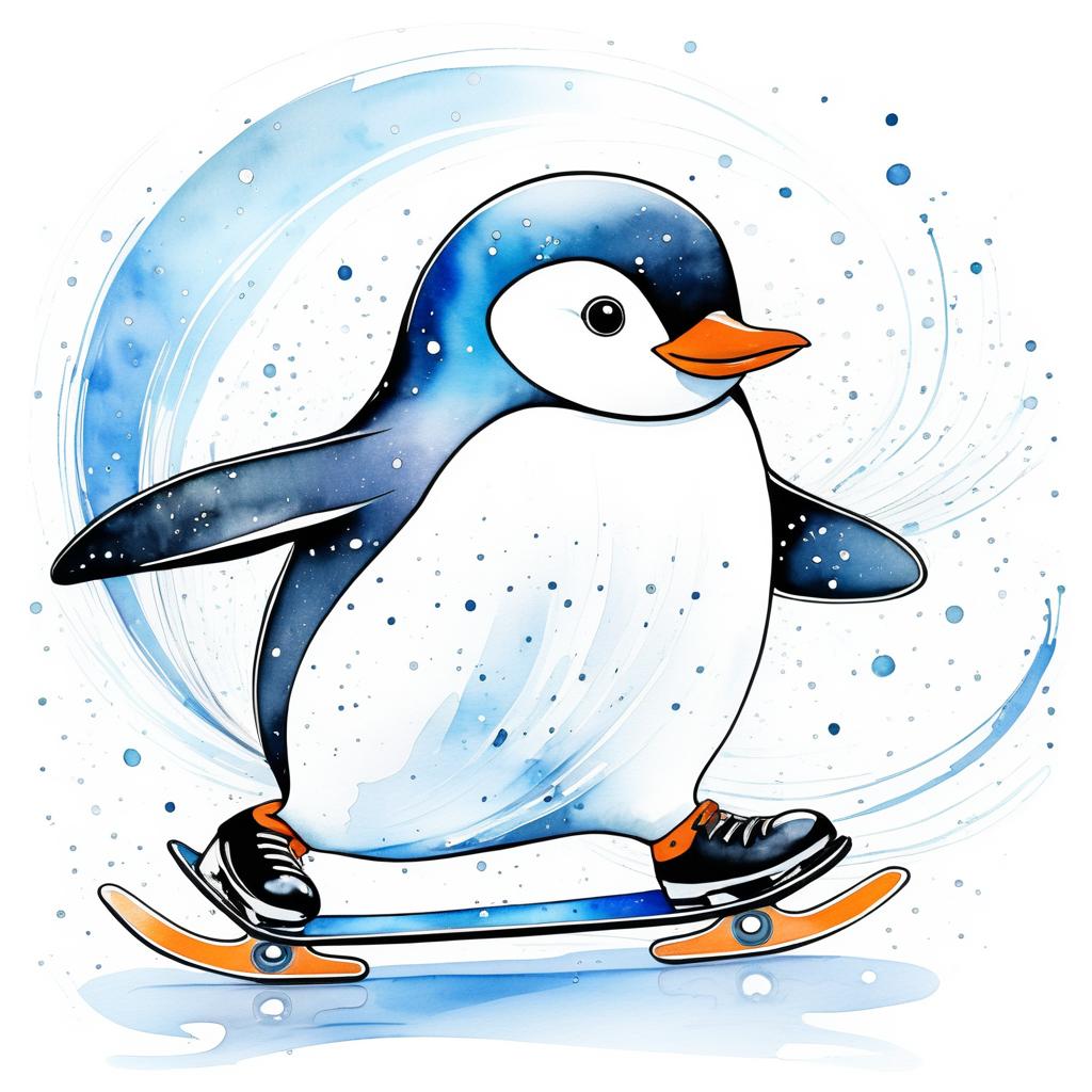 Whimsical Penguin Ice Skating Illustration