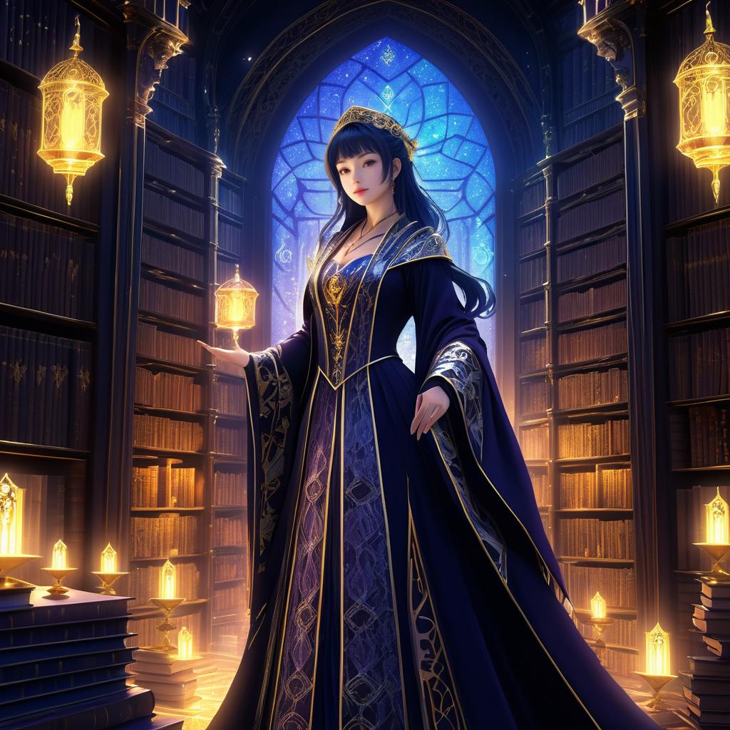 Elegant Sorceress in Enchanted Library