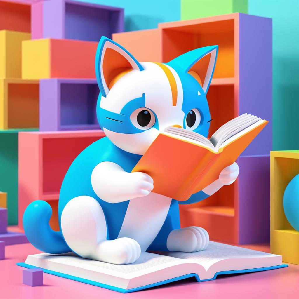 Whimsical 3D Toy Cat Reading a Book