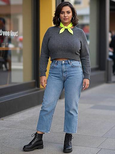 Photograph of a curvy woman with medium brown skin, shoulder-length wavy black hair, wearing a gray sweater, yellow scarf, high-wa
