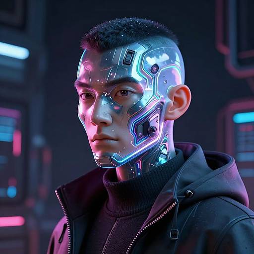 Cyberpunk portrait of a young Asian man with glowing, neon-blue and pink cybernetic facial implants, wearing a black hoodie, in a neon