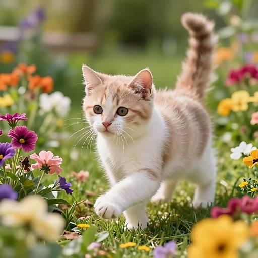Photograph of a cute, orange-and-white kitten with wide eyes, walking through a vibrant, colorful garden filled with blooming flowers.