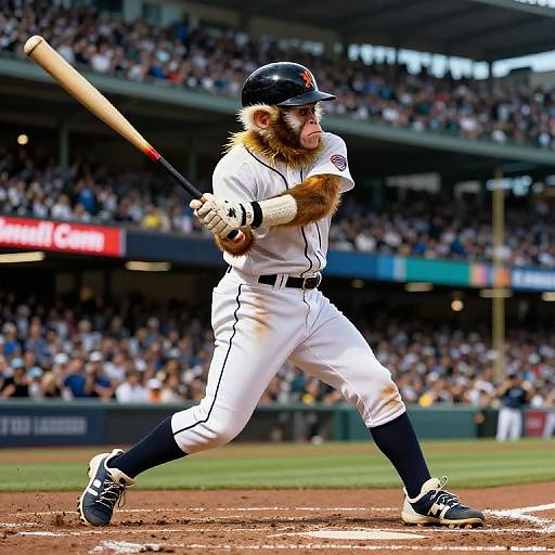 Photograph of a baseball player in a white uniform and black helmet, wearing a monkey mask, swinging a bat in a packed stadium. Background shows blurred