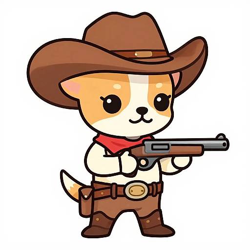 Chibi-style digital drawing of an anthropomorphic dog wearing a brown cowboy hat, red bandana, brown pants, and boots, holding a revolver.