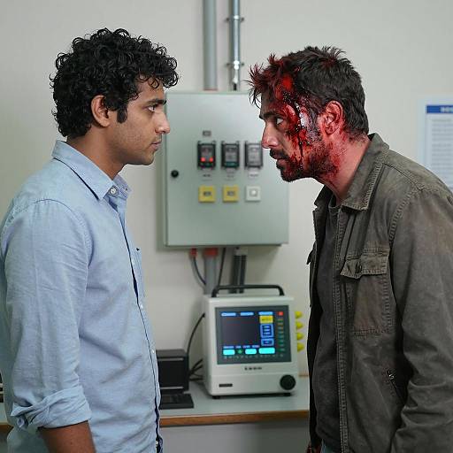 Tense confrontation between two men indoors