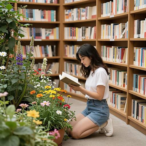 Photograph of a young woman with dark hair, wearing a white t-shirt and denim shorts, kneeling in a library garden, reading a book amidst vibrant