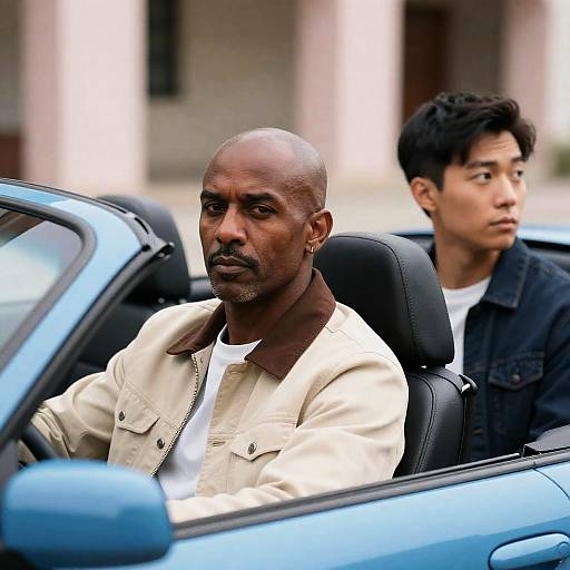 Dynamic Duo in a Blue Convertible