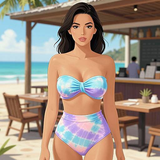 Digital illustration of a beautiful woman with long black hair, wearing a shiny, iridescent bikini, standing on a sunny beach with a wooden bar and