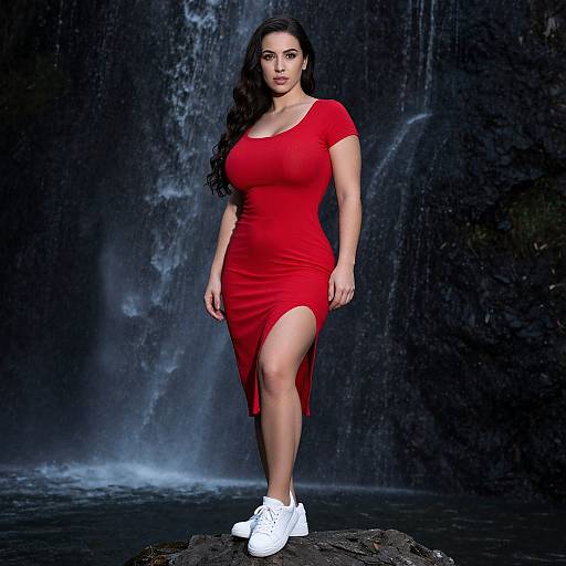 Woman in Red Dress by Waterfall