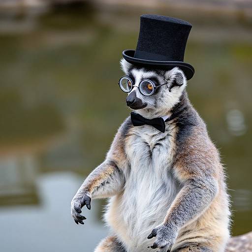 Photograph of a ring-tailed lemur wearing a black top hat, round glasses, and black bow tie, standing against a blurred nature background.