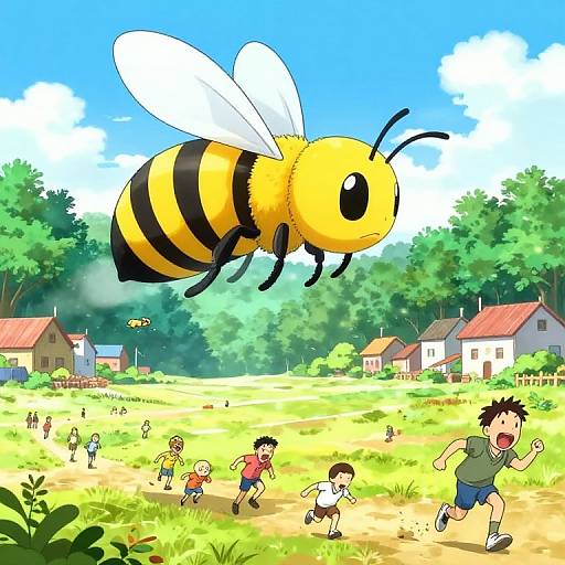 Cartoon-style image of children running from a large, flying bee with black and yellow stripes in a sunny, green countryside.