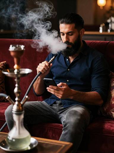 Man Relaxing and Smoking Shisha in Lounge