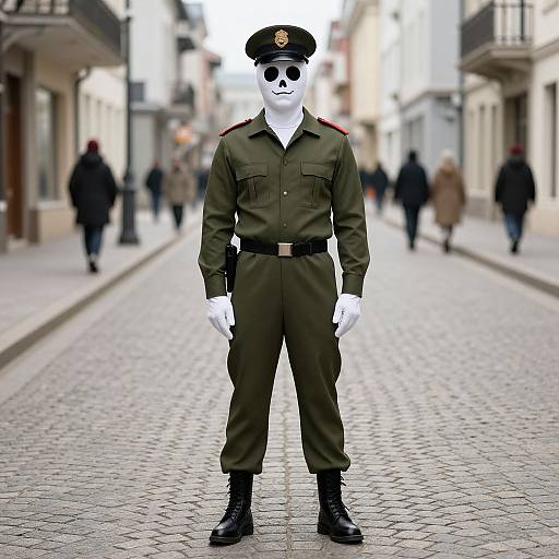 Photograph of a white-masked figure in green military uniform with black boots, standing on a cobblestone street, blurred pedestrians in background.