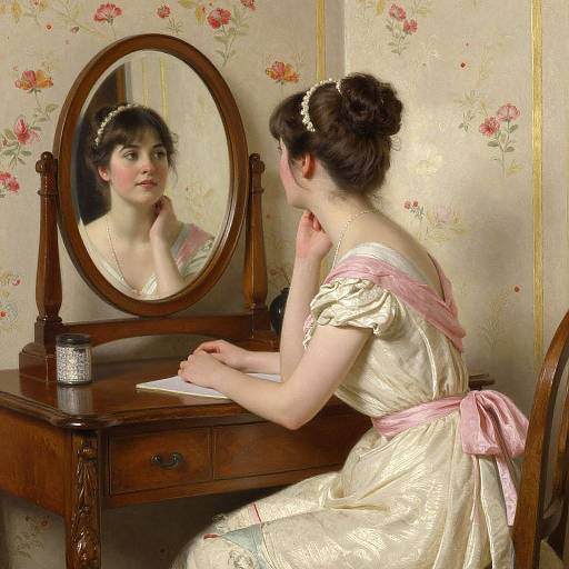 Victorian woman with fair skin and dark hair, wearing an off-shoulder, cream dress with pink ribbon, sits at wooden vanity, writing,