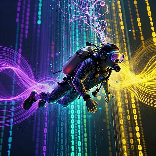 Neon Diver in Vibrant Binary Code