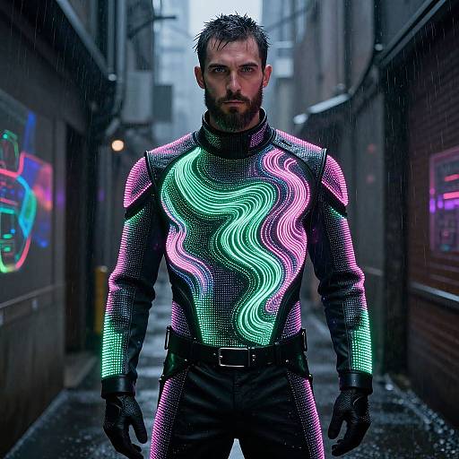 Neon-lit cyberpunk man with glowing green and pink wavy patterns on his black bodysuit stands in a rainy, urban alley. Phot