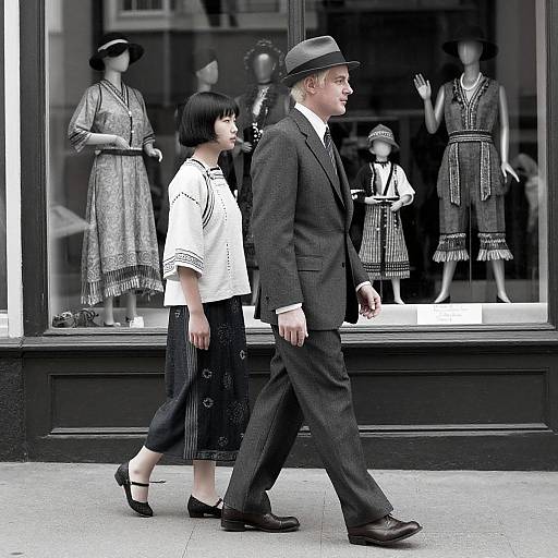 Photograph of a man in a black suit and fedora, walking beside a woman in a white blouse and black skirt, in front of a black