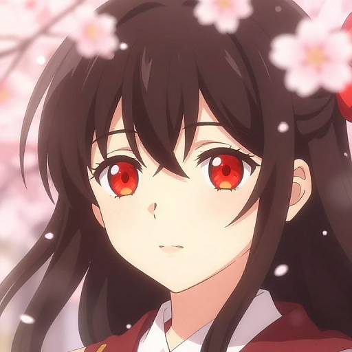 Anime-style digital portrait of a young girl with long black hair, red eyes, and a red jacket, surrounded by soft pink cherry blossoms.