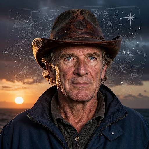 Photograph of a weathered, middle-aged man with blue eyes, wearing a brown hat and dark jacket, against a sunset sky with digital constell
