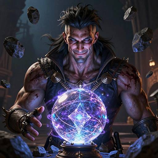 Digital artwork of a muscular, dark-haired sorcerer with scarred face, glowing blue magical sphere, surrounded by floating rocks in a dimly lit,