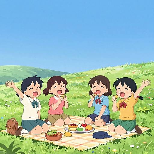 Anime-style digital drawing of four excited children with black hair, sitting on a picnic blanket in a green meadow, eating colorful food under a bright blue