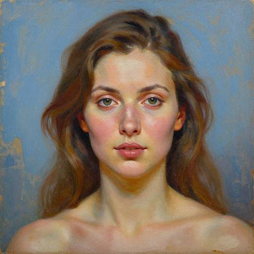 Digital painting of a young woman with fair skin, green eyes, and long brown hair, against a blue background. Realistic style.