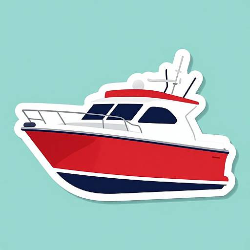 Digital illustration of a red and white boat with black accents, outlined in white, set against a light blue background.