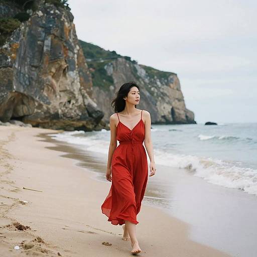 Woman in Red Dress Walking on Beach