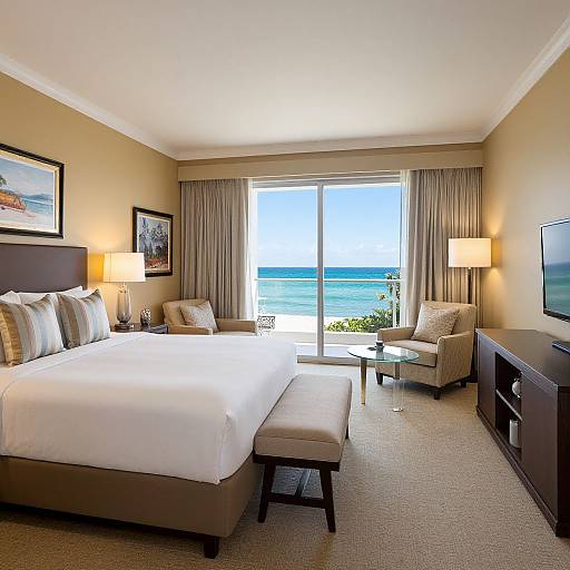 Photograph of a modern beach-view hotel room with a large bed, two armchairs, a glass-top table, and ocean view through sliding doors