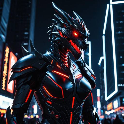 Anthropomorphic Female Robot Dragon in Futuristic City