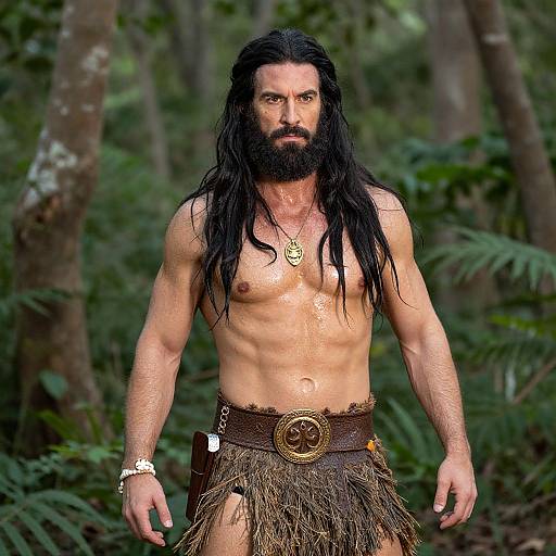 Photograph of a muscular, shirtless man with long black hair and beard, wearing a fur loincloth and gold necklace, standing in a dense