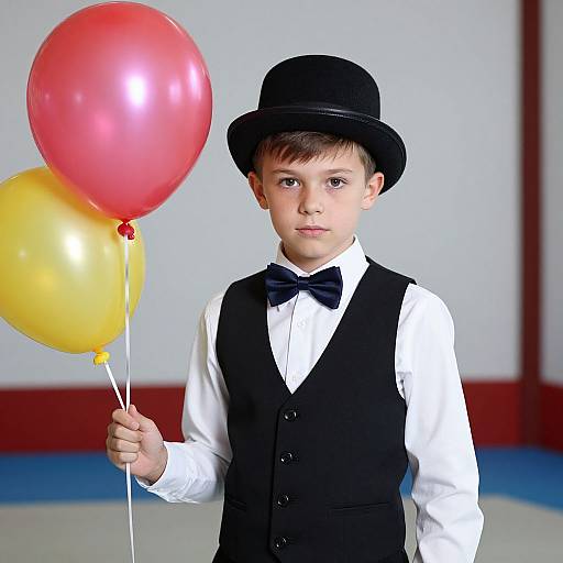 Photograph of a young boy in a black bowler hat, white shirt, black vest, and bow tie, holding red and yellow balloons.