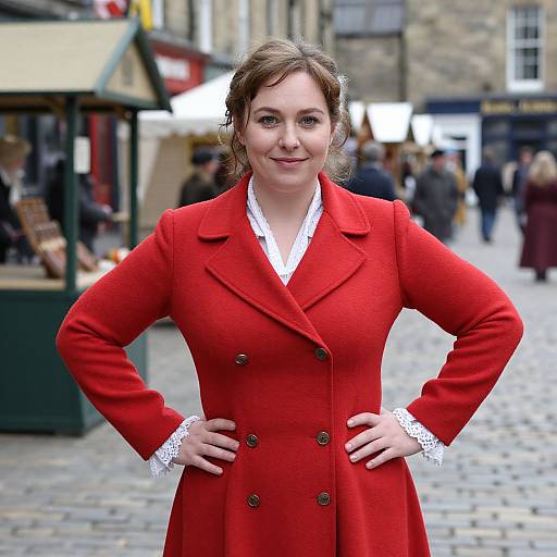 Photograph of a smiling woman with light skin, brown hair in a bun, wearing a red double-breasted coat with white lace cuffs, standing confidently