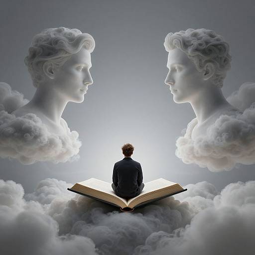 Man Writing Books Among Clouds