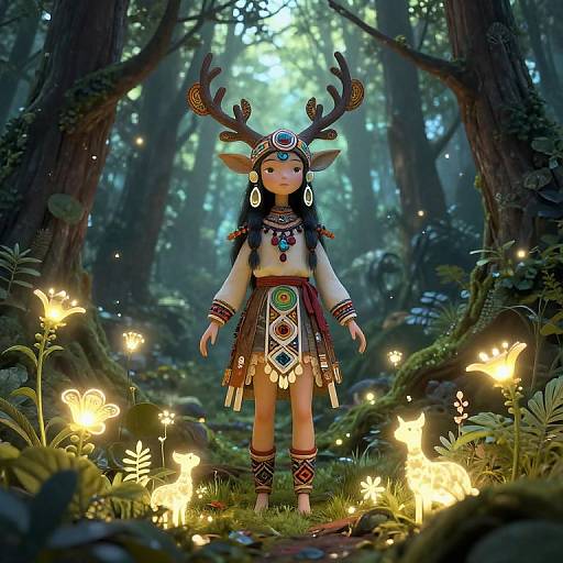 Fantasy forest scene: anthropomorphic deer girl with antlers, tribal outfit, and jewelry, stands amid glowing fireflies, surrounded by lush greenery