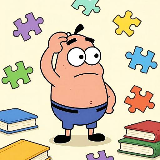 Cartoon of a bald, chubby man with large eyes, wearing blue shorts, scratching head amidst floating puzzle pieces and books.