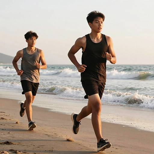 Photograph of two Asian men jogging on a sandy beach at sunset; one in black tank top and shorts, the other in grey tank top and black