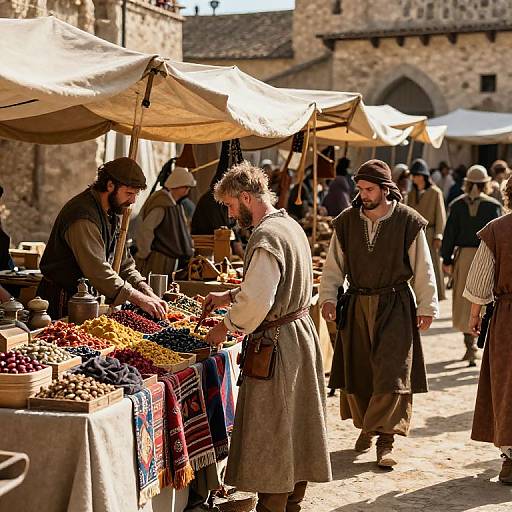 Photograph of medieval market: Men in brown tunics and hats buy colorful dried fruits and spices under beige tents, with a stone-walled backdrop.