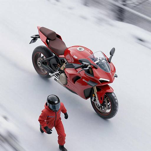 Futuristic Red Motorcycle Above Snowy Landscape