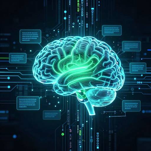 Digital illustration of a glowing blue brain against a dark circuit board background, with neon lines and text boxes.