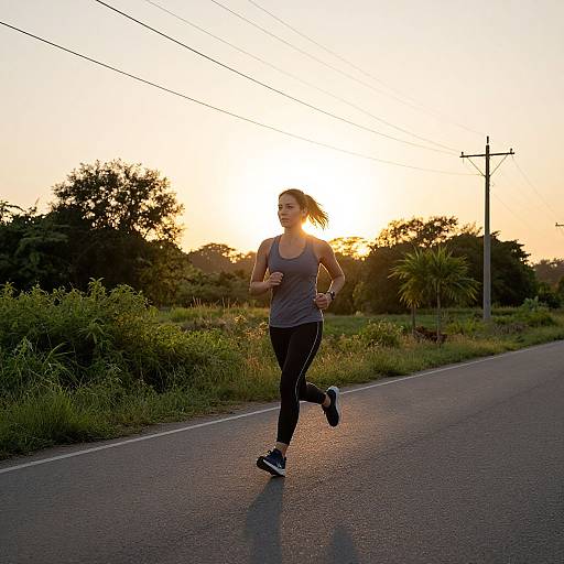 Photograph: Silhouetted woman jogging on a rural road at sunset, wearing a gray tank top and black pants, with grass and trees in