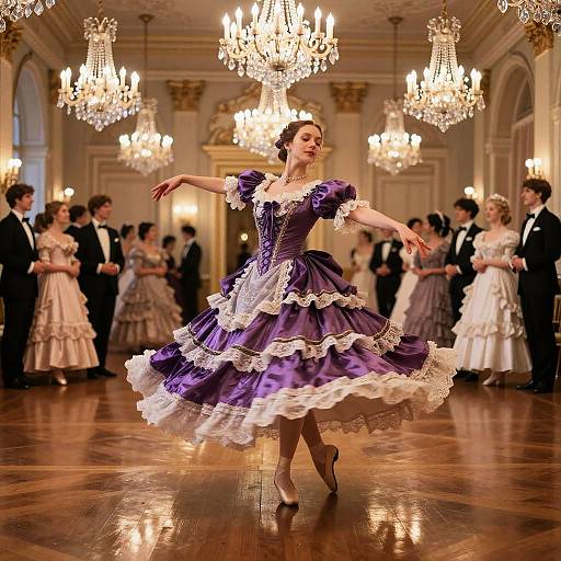 Photograph of a ballroom dance; a woman in a purple, lace-trimmed, Victorian-style dress, ballerina pose, surrounded by