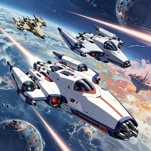 Digital artwork of three white and red Star Wars X-wing fighters firing laser beams, chasing a smaller ship over a vibrant, star-studded space landscape with