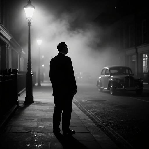 Black-and-white photograph of a silhouetted man standing on a foggy, cobblestone street at night, with vintage cars and street lamps