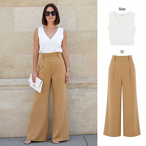 Photograph of a woman in a white sleeveless top and high-waisted, wide-legged tan trousers, holding a white clutch against a stone wall