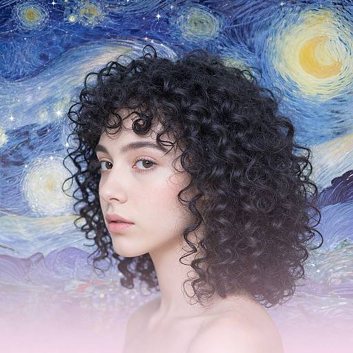Digital art of a young woman with curly black hair, fair skin, and delicate features, set against a swirling, starry, Vincent van Gogh
