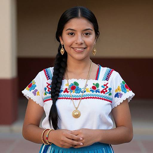 Photograph of a young Latina girl with long black hair in a braid, wearing a white embroidered blouse, gold jewelry, and blue skirt, smiling