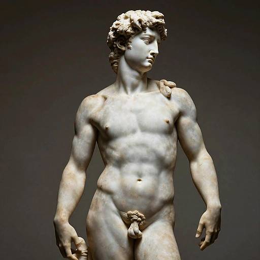Photograph of a classical white marble statue of a nude male figure with defined muscles, curly hair, and a small, detailed genitalia, standing against
