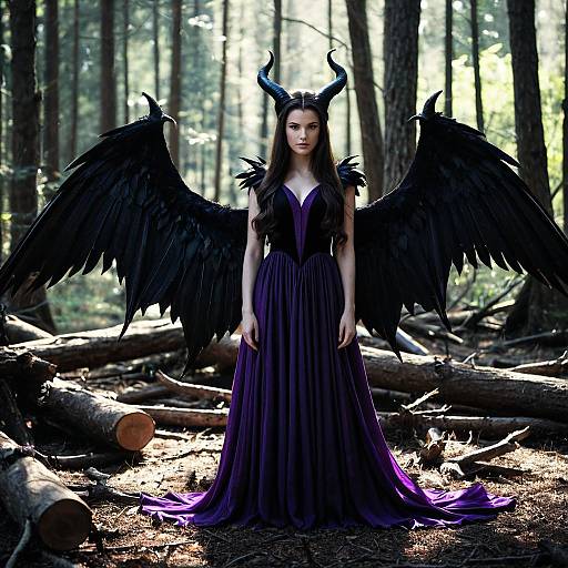 Teen girl in Maleficent costume with black wings in forest